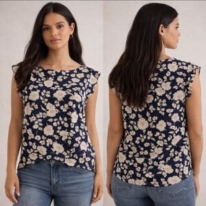 Express Navy Floral Boat Neck Blouse XS Flutter Sleeve Chic Top Office Capsule